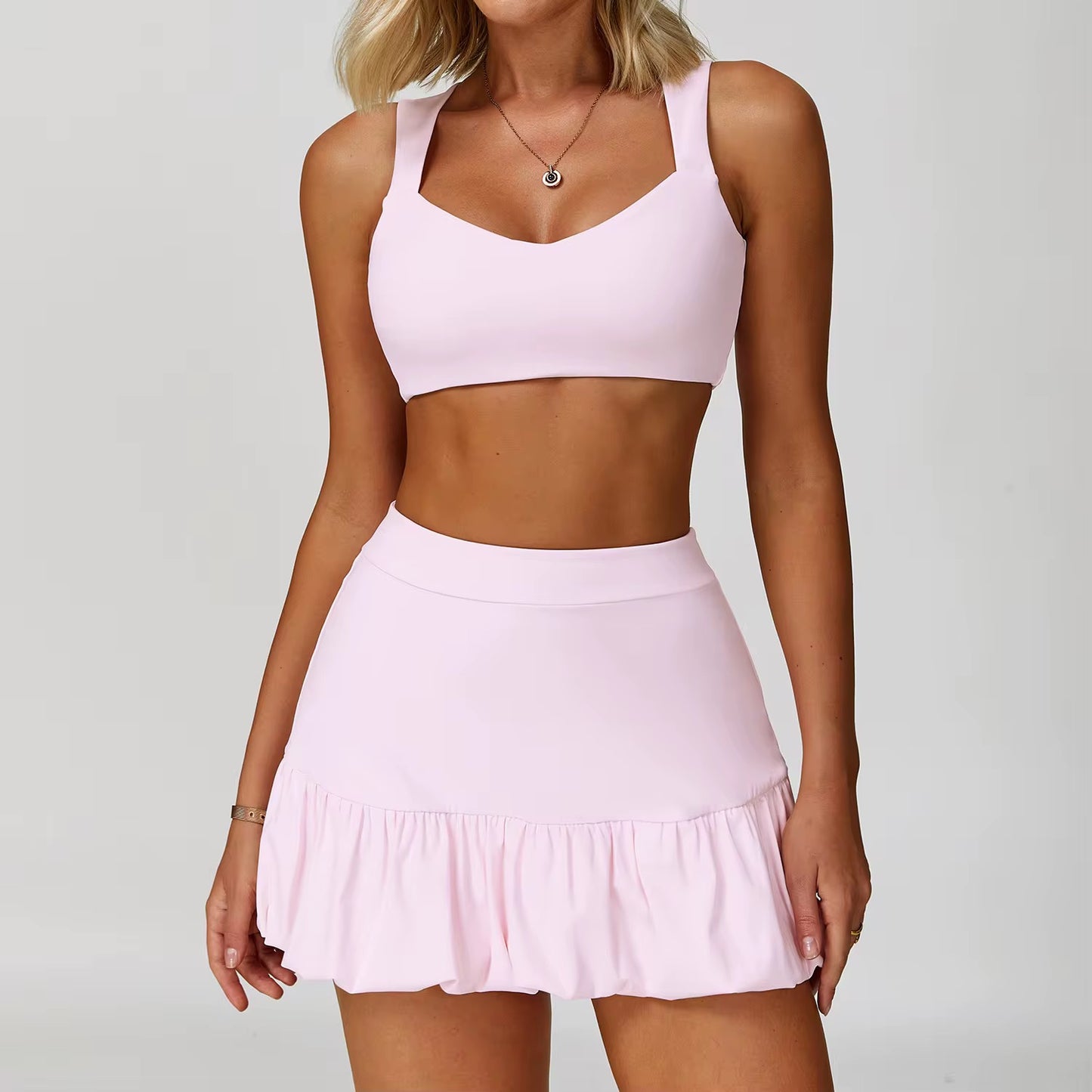 Women’s Pickleball & Tennis Outfit – 2 Piece Ruffle Skirt and Sports Bra Set | Classy Pickleball Activewear (Black, White, Pink, Yellow, Blue)