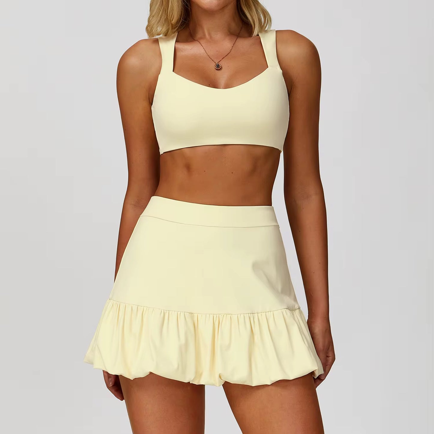 Women’s Pickleball & Tennis Outfit – 2 Piece Ruffle Skirt and Sports Bra Set | Classy Pickleball Activewear (Black, White, Pink, Yellow, Blue)