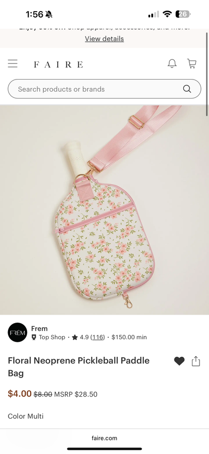 Floral Neoprene Pickleball Paddle Bag – Adjustable Strap – Pink Flower Case