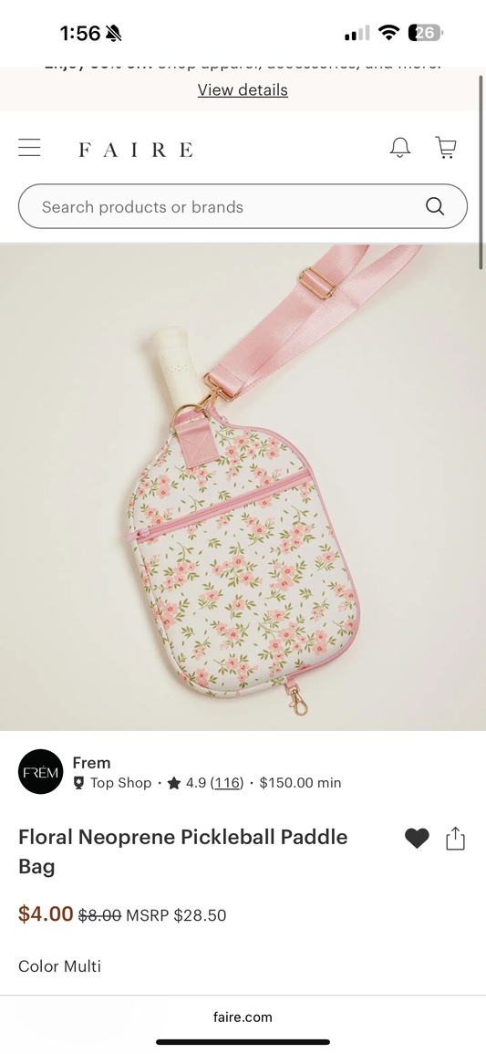 Floral Neoprene Pickleball Paddle Bag – Adjustable Strap – Pink Flower Case