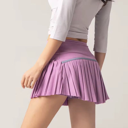 Women’s High Waist Pleated Tennis Skirt with be Inner Shorts – PURPLE Activewear Skort