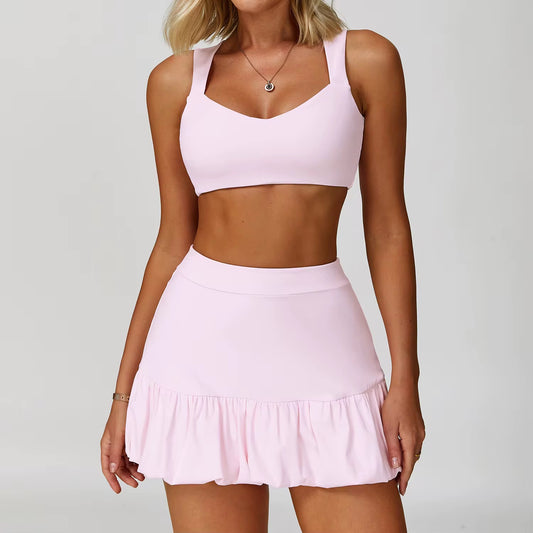 Women’s Pickleball & Tennis Outfit – 2 Piece Ruffle Skirt and Sports Bra Set | Classy Pickleball Activewear (Black, White, Pink, Yellow, Blue)