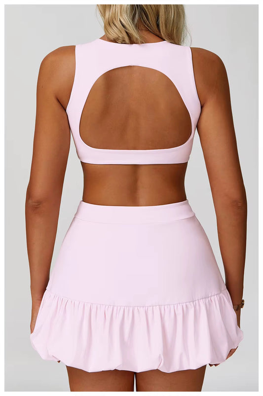 Women’s Pickleball & Tennis Outfit – 2 Piece Ruffle Skirt and Sports Bra Set | Classy Pickleball Activewear (Black, White, Pink, Yellow, Blue)