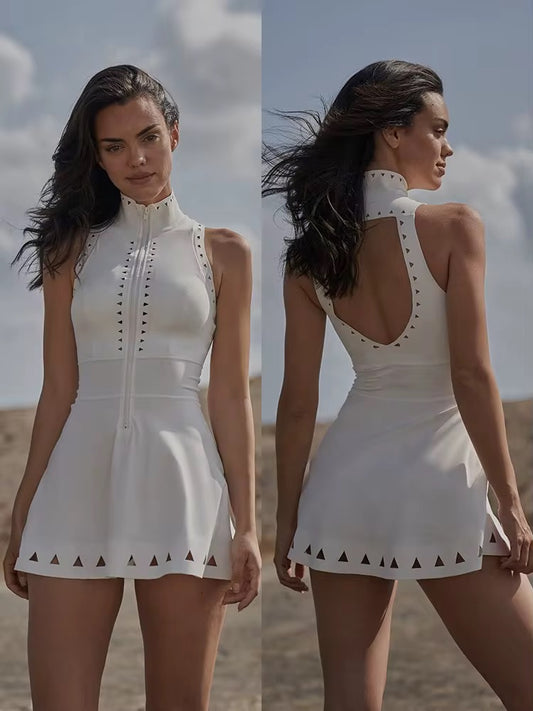 Women’s Pickleball & Tennis Dress – Sleeveless High Neck Cut-Out Back Skater Dress | Classy Pickleball Activewear