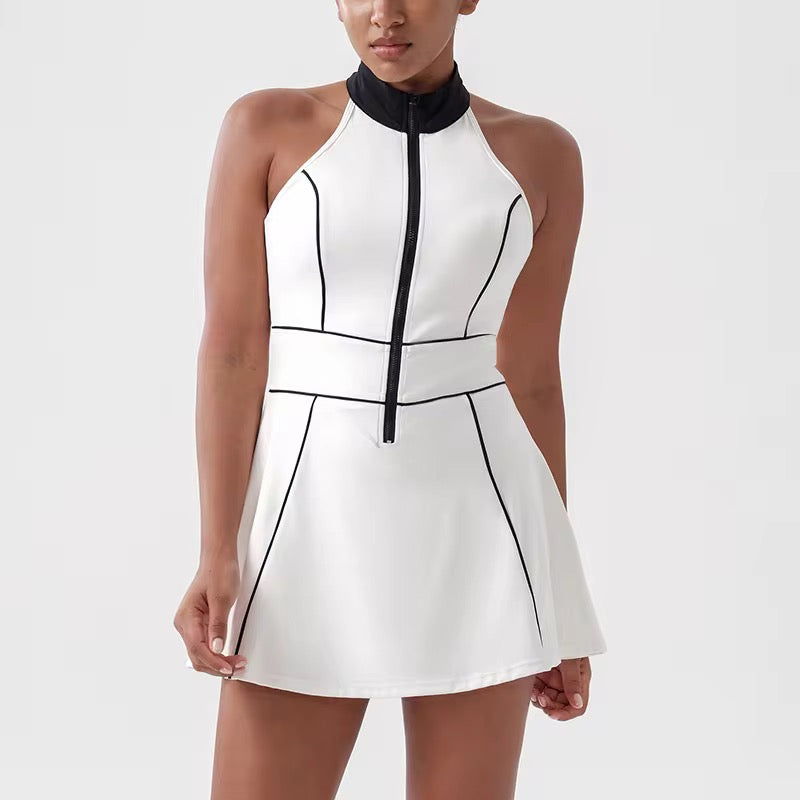 Women’s Futuristic Pickleball & Tennis Dress – High Neck Zip Front with Contrast Trim | Classy Pickleball Activewear